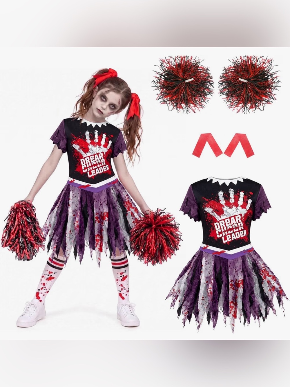 Girl Zombie Cheerleader Costume, Fearleader Scary Halloween Costumes for Kids